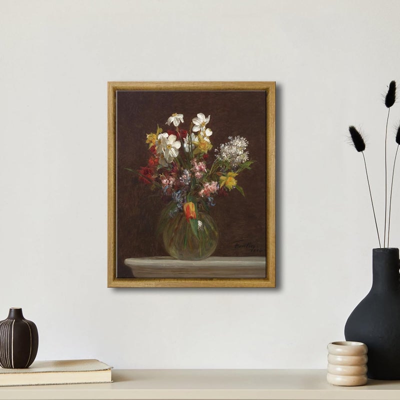 Pyradecor Vintage Canvas Wall Art Retro Natural Wood Framed Home Decor Flowers in Vase Canvas Prints Classical Floral Painting Artwork for Living Room Bedroom Office Decorations - Image 3