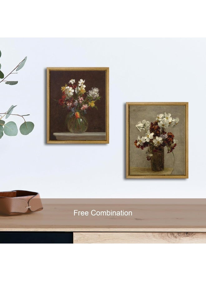 Pyradecor Vintage Canvas Wall Art Retro Natural Wood Framed Home Decor Flowers in Vase Canvas Prints Classical Floral Painting Artwork for Living Room Bedroom Office Decorations - Image 5