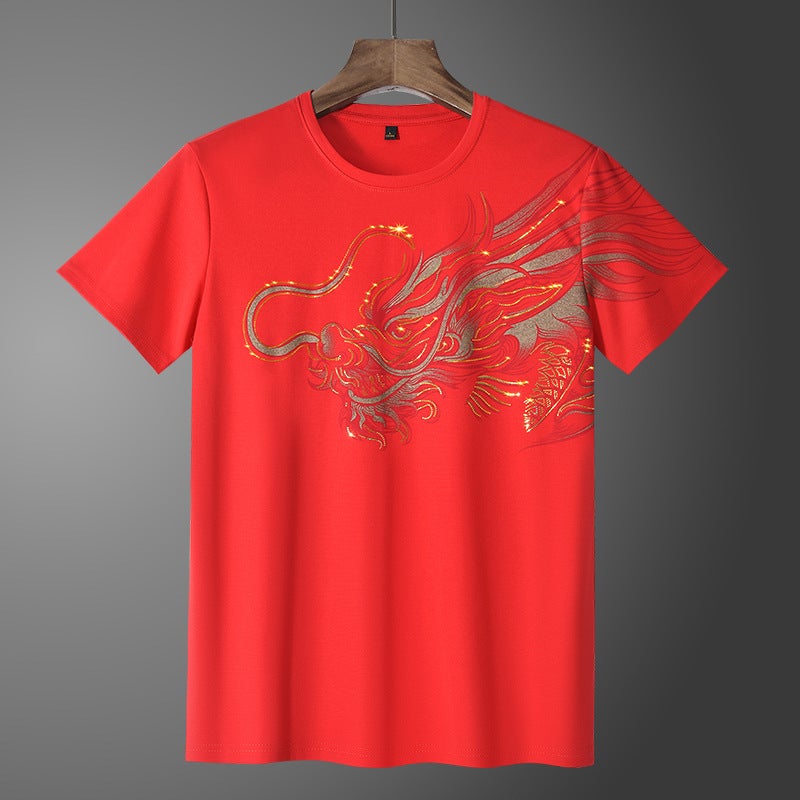Rhinestone Short Sleeve Men'S Fashion Brand Trendy Chinese Dragon Spirit Guy Inner Wear Plus Size Tencel Roman T-Shirt Men'S Summer Wear - Image 2