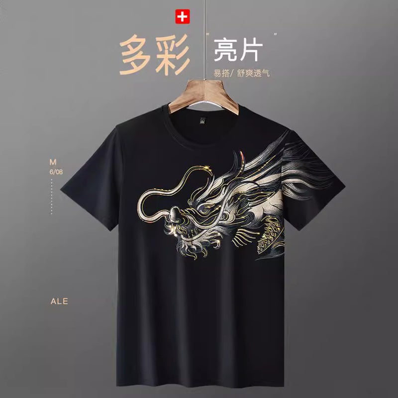 Rhinestone Short Sleeve Men'S Fashion Brand Trendy Chinese Dragon Spirit Guy Inner Wear Plus Size Tencel Roman T-Shirt Men'S Summer Wear - Image 5