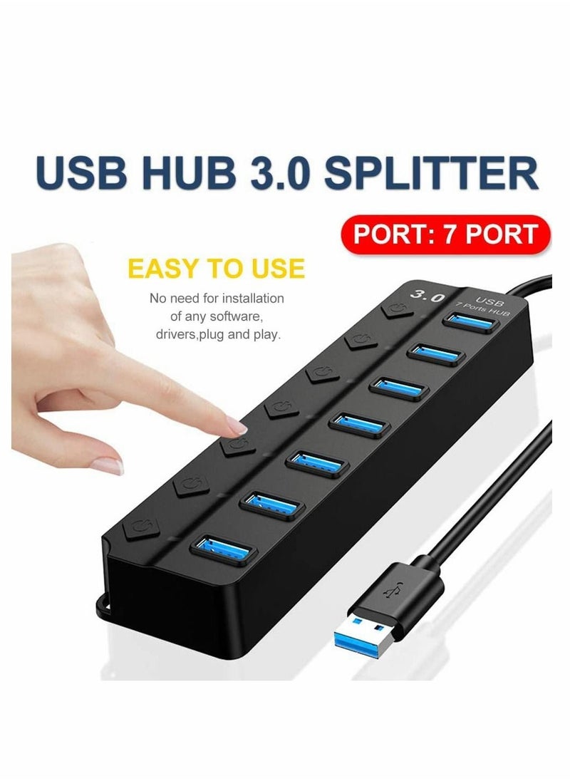 SYOSI - Powered USB Hub 3.0, 7 Ports USB Charging Extender Data Hub Splitter Extension, with Individual Switches and Lights for Laptop, PC, Computer, USB Devices Super Compatible, 5Gbps Data Transfer Speed - Image 1