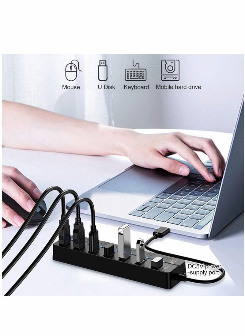 SYOSI - Powered USB Hub 3.0, 7 Ports USB Charging Extender Data Hub Splitter Extension, with Individual Switches and Lights for Laptop, PC, Computer, USB Devices Super Compatible, 5Gbps Data Transfer Speed - Image 1