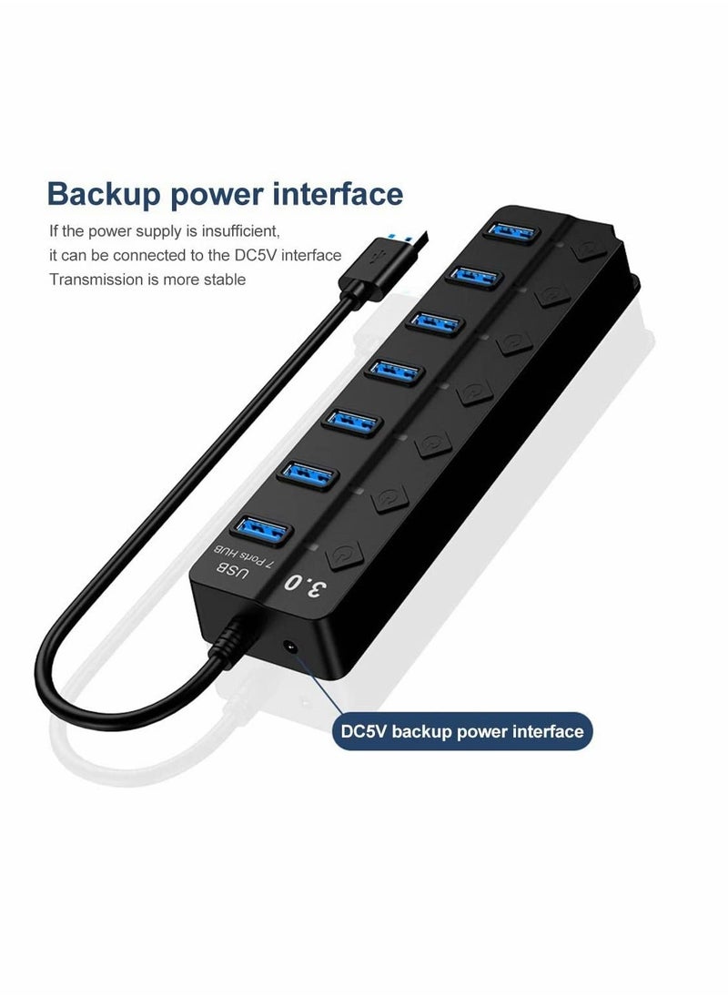 SYOSI - Powered USB Hub 3.0, 7 Ports USB Charging Extender Data Hub Splitter Extension, with Individual Switches and Lights for Laptop, PC, Computer, USB Devices Super Compatible, 5Gbps Data Transfer Speed - Image 1