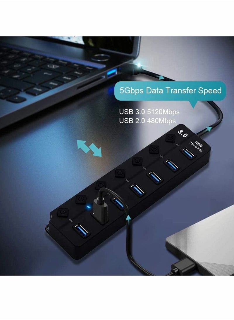 SYOSI - Powered USB Hub 3.0, 7 Ports USB Charging Extender Data Hub Splitter Extension, with Individual Switches and Lights for Laptop, PC, Computer, USB Devices Super Compatible, 5Gbps Data Transfer Speed - Image 1