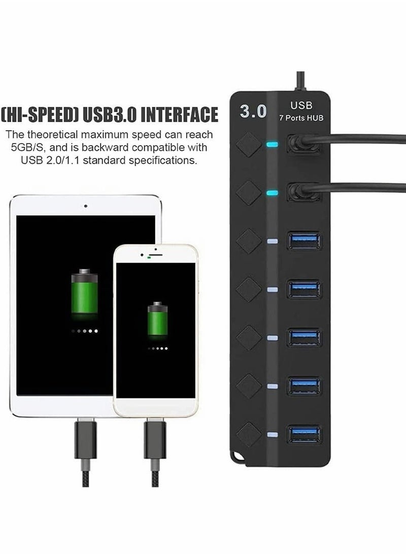 SYOSI - Powered USB Hub 3.0, 7 Ports USB Charging Extender Data Hub Splitter Extension, with Individual Switches and Lights for Laptop, PC, Computer, USB Devices Super Compatible, 5Gbps Data Transfer Speed - Image 1