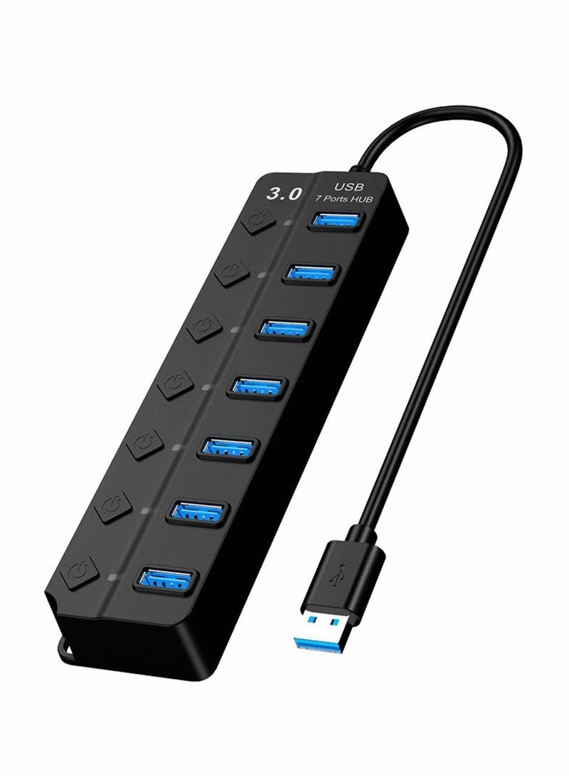 SYOSI - Powered USB Hub 3.0, 7 Ports USB Charging Extender Data Hub Splitter Extension, with Individual Switches and Lights for Laptop, PC, Computer, USB Devices Super Compatible, 5Gbps Data Transfer Speed - Image 1