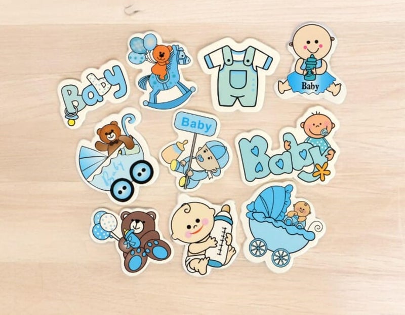 Chocozone Baby Boy Decorations for 1st Birthday Decorations for Baby Basket Hampers Baby Shower Decorations Basket 3D Motives for Gift Wrapping (10 Designs) (Pack of 100) - Image 1