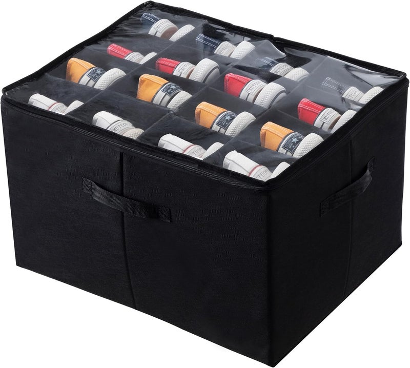 LOOKMINT Extra Large Storage Box with Dividers 53 x 42 x 33 cm Black Foldable Closet Organiser with Clear Cover and Handle 16 Pairs Box - Image 1