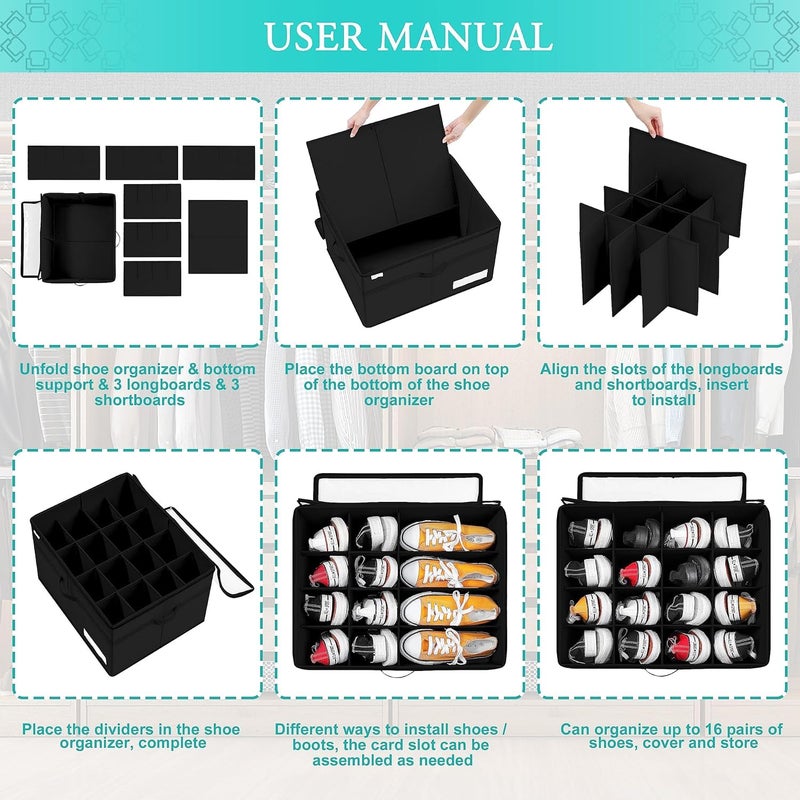 LOOKMINT Extra Large Storage Box with Dividers 53 x 42 x 33 cm Black Foldable Closet Organiser with Clear Cover and Handle 16 Pairs Box - Image 4