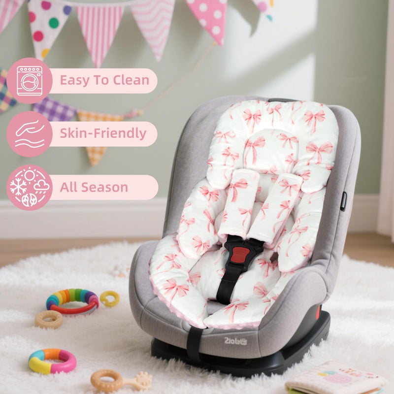 DAYEEBALL Infant Car Seat Insert Cushion, Baby Car Seat Head Body Support for Girls & Boys, Reversible Newborn Car Seat Insert with 2 Extra Strap Paddings, Premature Car Seat Cushion, Pink Bow - Image 2