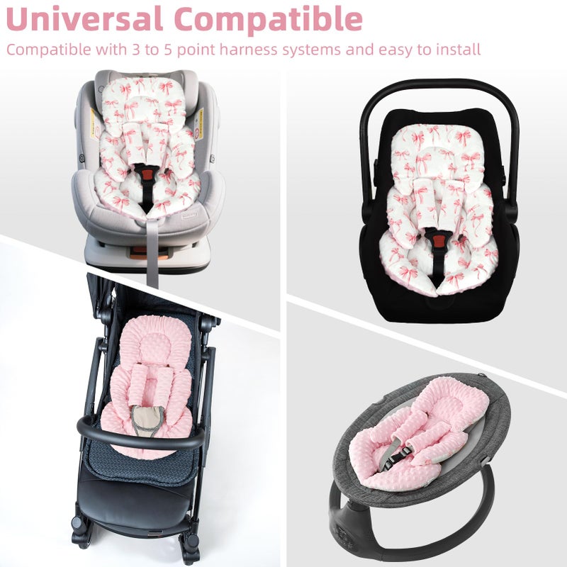 DAYEEBALL Infant Car Seat Insert Cushion, Baby Car Seat Head Body Support for Girls & Boys, Reversible Newborn Car Seat Insert with 2 Extra Strap Paddings, Premature Car Seat Cushion, Pink Bow - Image 3