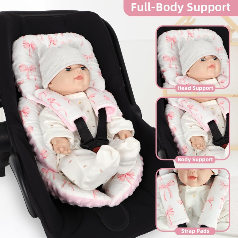 DAYEEBALL Infant Car Seat Insert Cushion, Baby Car Seat Head Body Support for Girls & Boys, Reversible Newborn Car Seat Insert with 2 Extra Strap Paddings, Premature Car Seat Cushion, Pink Bow - Image 4