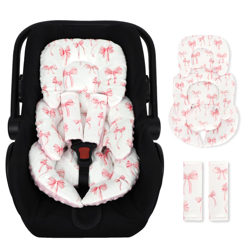 DAYEEBALL Infant Car Seat Insert Cushion, Baby Car Seat Head Body Support for Girls & Boys, Reversible Newborn Car Seat Insert with 2 Extra Strap Paddings, Premature Car Seat Cushion, Pink Bow - Image 1