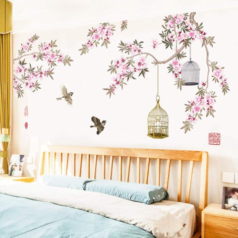 BPA Huge Chinese Style Pink Flowers and Birds Wall Stickers