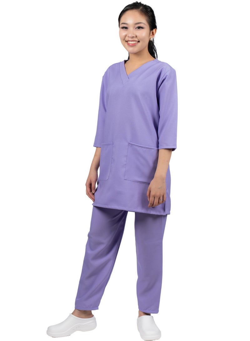 طقم زي خادمة منزلية/خادمة/مربية محترفة بأكمام ثلاثة أرباع، مع بنطال مطابق من البوليستر