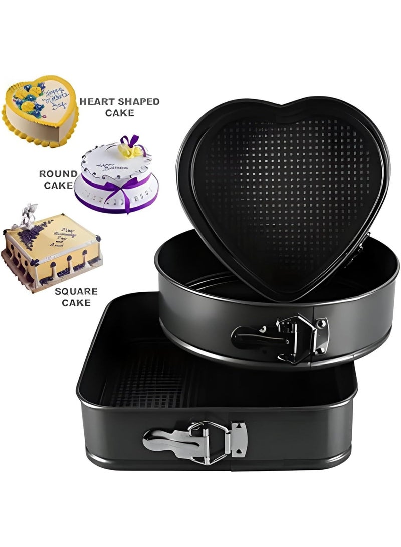 3-in-1 Cake Pan Set (Heart, Circle, Square) with Non-Stick Coating and Removable Base – Premium Metal Baking Pans, Easy to Clean, for Easily and Elegantly Preparing Professional Cheesecakes and Cakes - Image 3