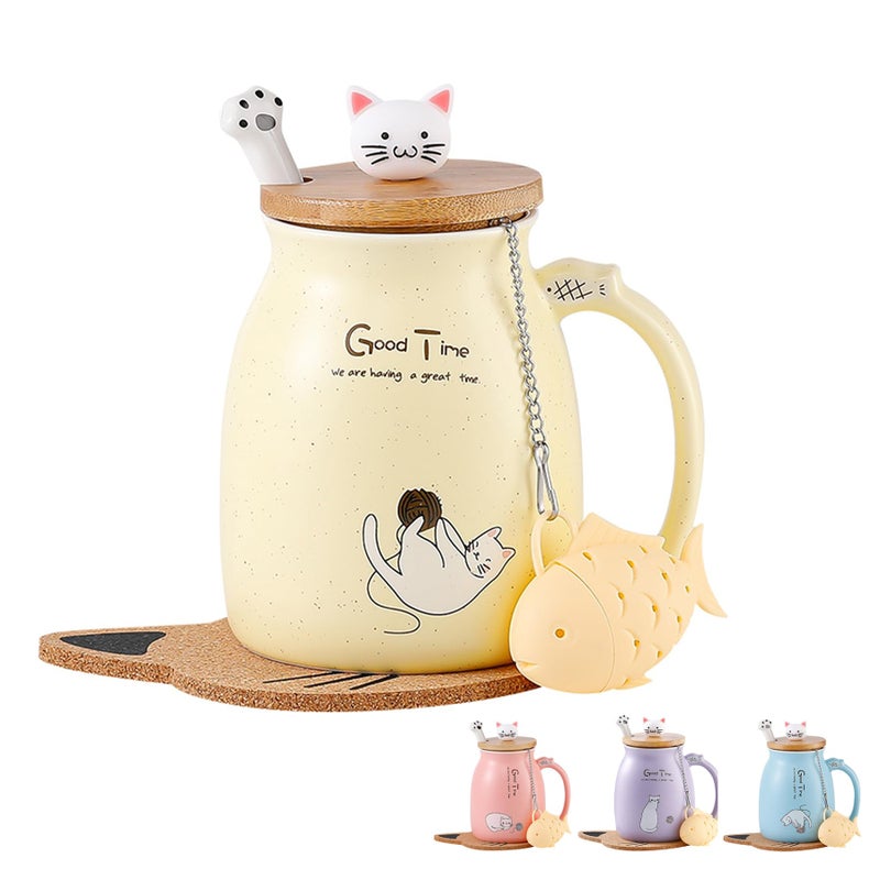 Cat Mug Cute Ceramic Coffee Cup with Lovely Kitty lid Stainless Steel SpoonNovelty Morning Cup Tea Coffee Mug with Lid Yellow Coffee Gifts Christmas Birthday Gifts for Women Cat Lovers Presents