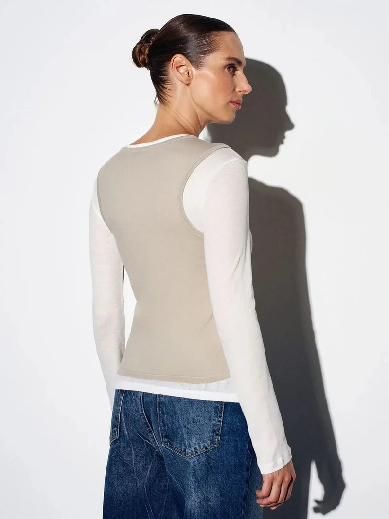 ديلفين DILVIN Fitted Cotton Crew Neck Long Sleeve Blouse
