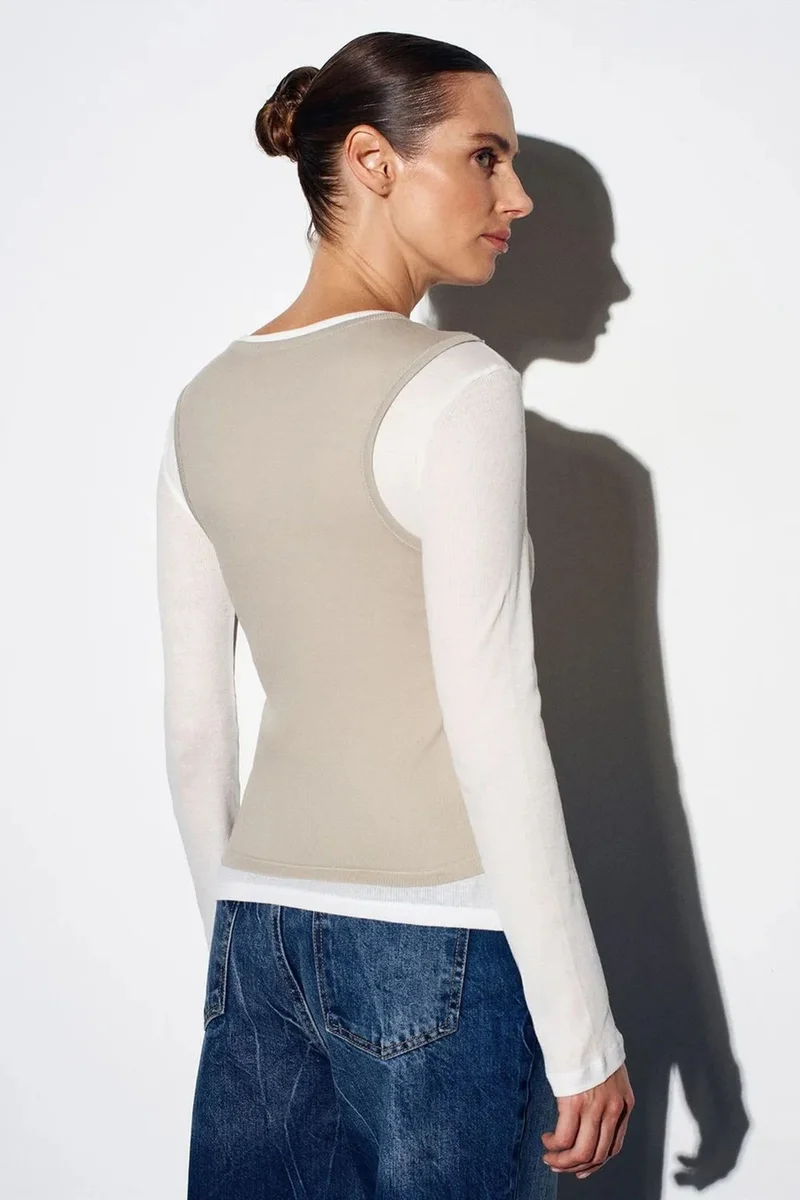 Dilvin Stone Natural DILVIN Fitted Cotton Crew Neck Long Sleeve Blouse for Women | Best Price UAE