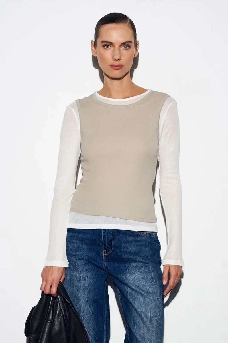 Dilvin Stone Natural DILVIN Fitted Cotton Crew Neck Long Sleeve Blouse for Women | Best Price UAE