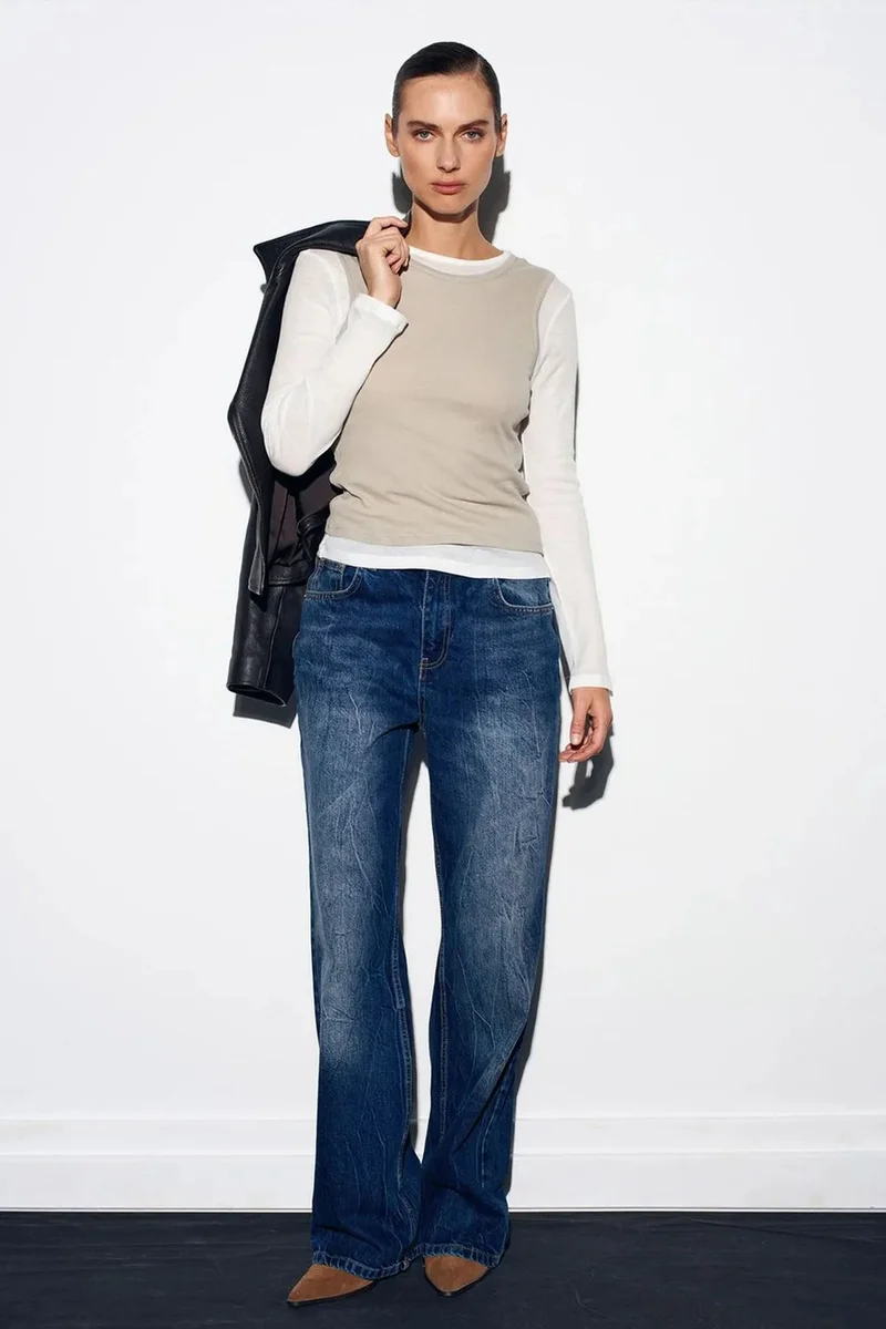 Dilvin Stone Natural DILVIN Fitted Cotton Crew Neck Long Sleeve Blouse for Women | Best Price UAE
