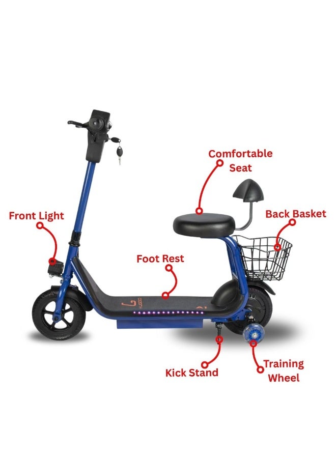 Mini Electric Delivery Scooter for Kids, Seated E-Bike with Large Rear Cargo Basket, Blue - Image 4