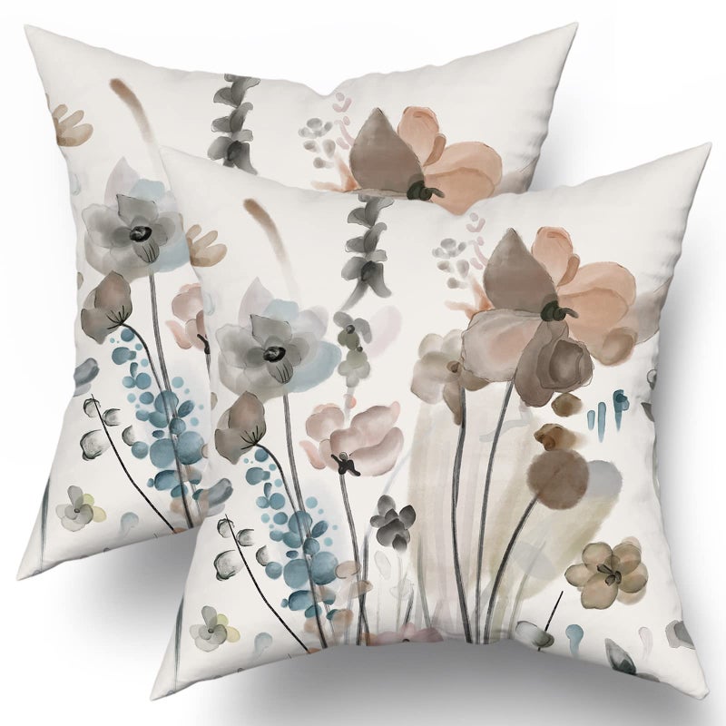 Brown Cream Grey Teal Floral Pillow Covers 18x18 Inch Watercolor Flower Couch Pillow Cases Rustic Abstract Modern Throw Pillows Set of 2 Farmhouse Home Decor for Room Bedroom Bed Cushion Outdoor