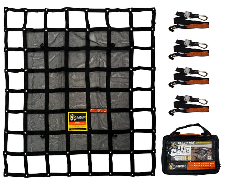 Gladiator Cargo Nets Heavy Duty Cargo Net Truck AccesoriesTruck organizer Bed CoverInterior Roof RackTrunk organizerCargo Net OffroadSUV Rubicon CampingWLL1500 lbs GRN100 48 x 53
