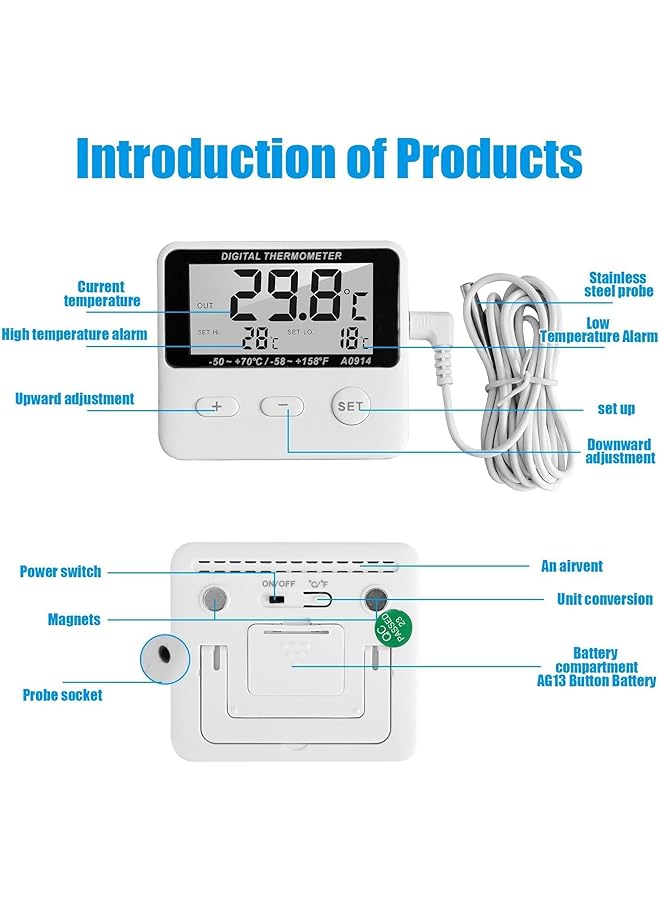 إيروريكس ميزان حرارة رقمي للفريزر مع شاشة LCD خارجية مع مستشعر درجة حرارة عالية ومنخفضة ℃ ℉ ميزان حرارة مغناطيسي قابل للتبديل للثلاجة للمنزل - Image 2