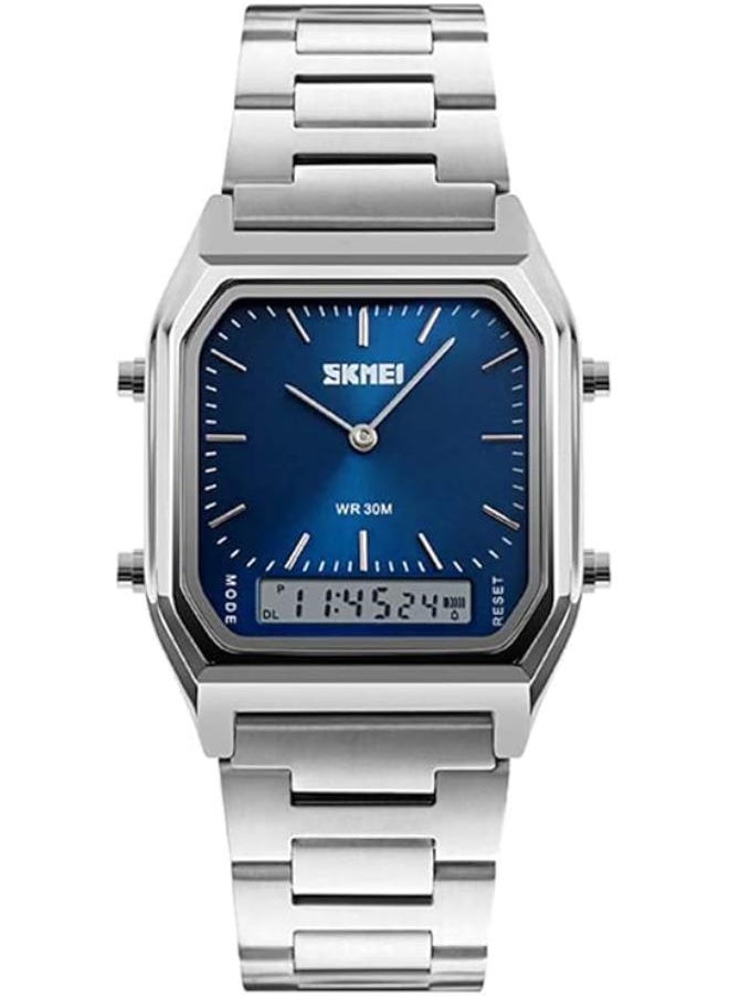 SKMEI women Men Square Multifunction Stopwatch Dual Display Wristwatches Stainless Steel Strap Analog Sports Watches  - Image 1