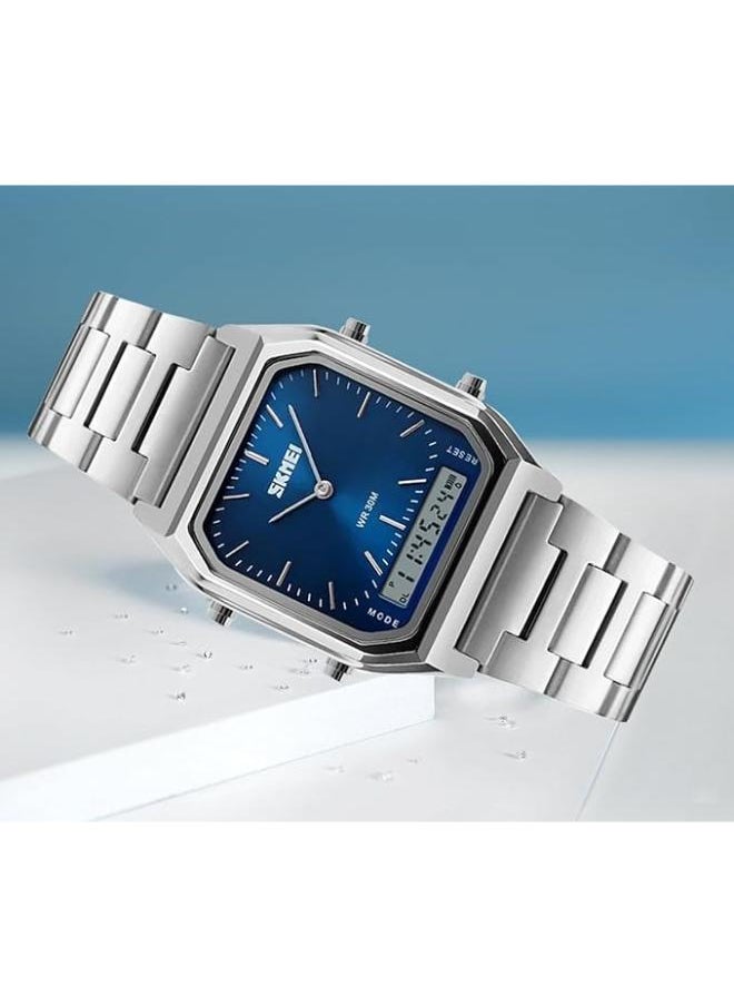 SKMEI women Men Square Multifunction Stopwatch Dual Display Wristwatches Stainless Steel Strap Analog Sports Watches  - Image 2