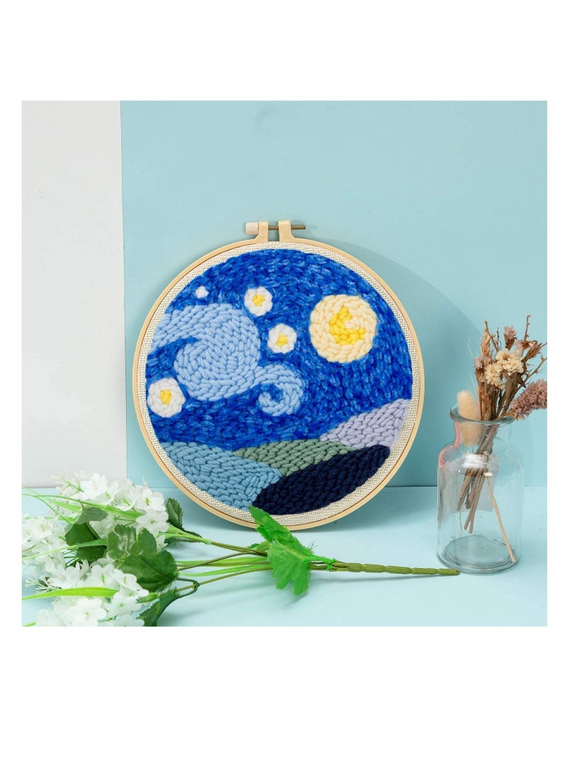 Excefore 1 Set Embroidery Kit Punch Needle Starter Kits with Threader, Bamboo Hoop Yarn Wooden Pen Cloth Tools for Beginners Patterns Adults(8x8 in) - Image 2