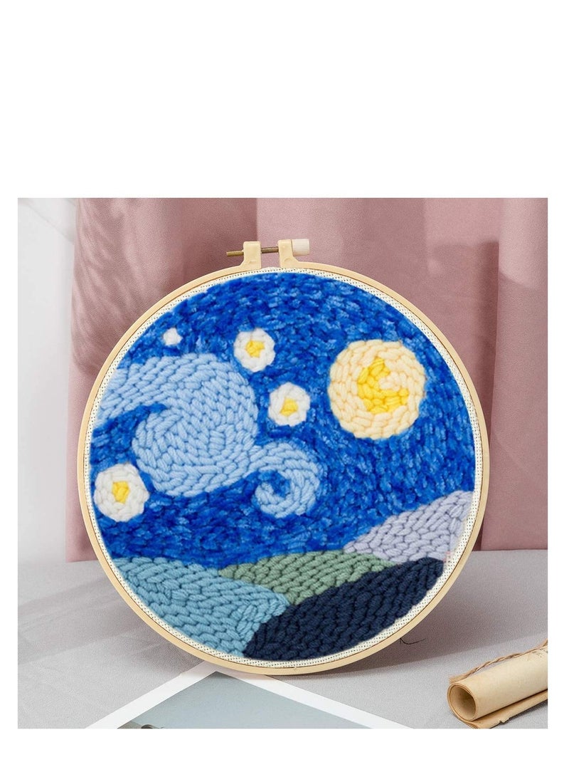 Excefore 1 Set Embroidery Kit Punch Needle Starter Kits with Threader, Bamboo Hoop Yarn Wooden Pen Cloth Tools for Beginners Patterns Adults(8x8 in) - Image 3