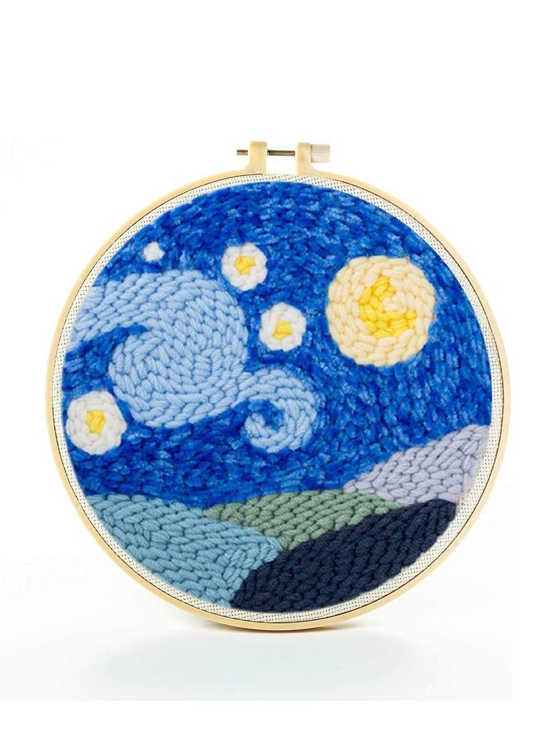 Excefore 1 Set Embroidery Kit Punch Needle Starter Kits with Threader, Bamboo Hoop Yarn Wooden Pen Cloth Tools for Beginners Patterns Adults(8x8 in) - Image 1