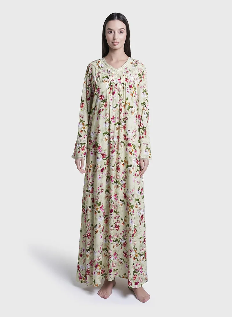 كشخة Mint Green Floral Print Rayon Long Nightwear Dress (CNH481)