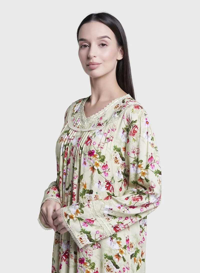 كشخة Mint Green Floral Print Rayon Long Nightwear Dress (CNH481)