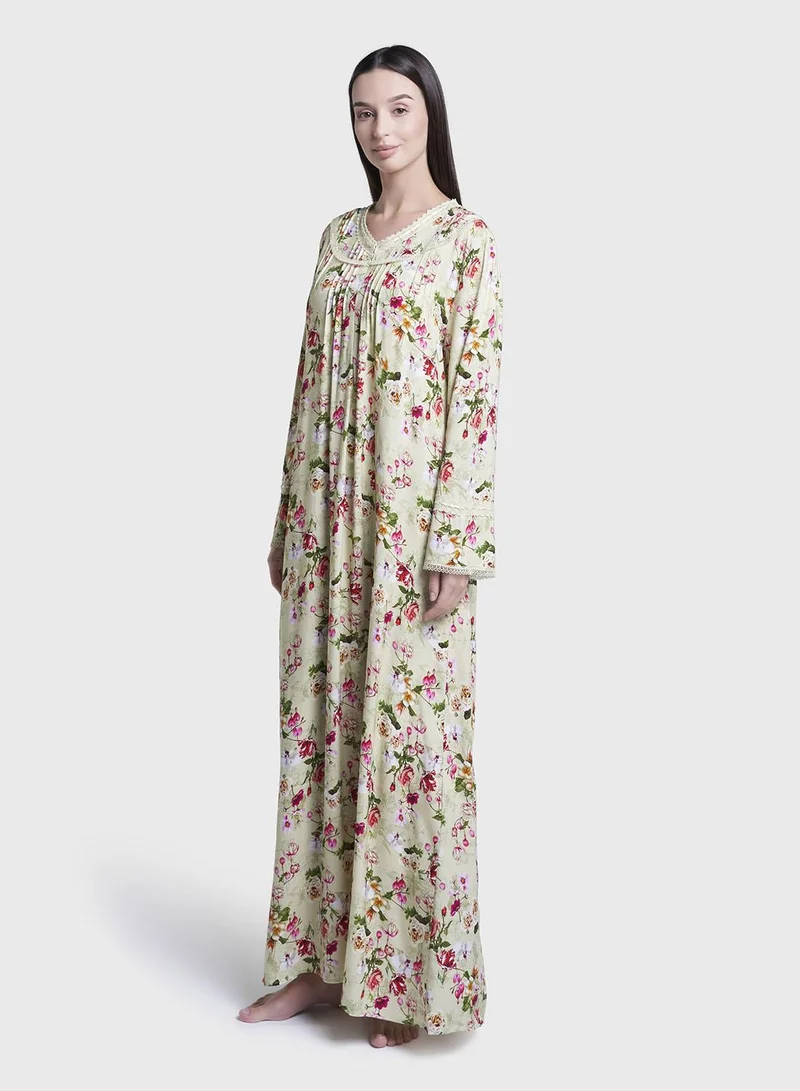 Kashkha  Mint Green Floral Print Rayon Long Nightwear Dress (CNH481) for Women | Best Price UAE
