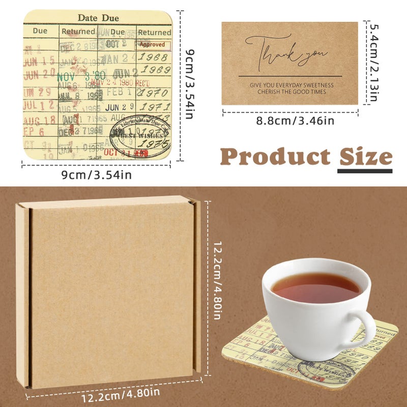 Tanfeine Vintage Library Due Date Card Coaster Set, 4pcs Library Card Coasters with Gift Card, Creative Drink Coffee Mug Coaster Literary Decor Library Gifts for Book Lovers Librarians Writers - Image 2