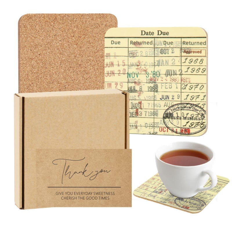 Tanfeine Vintage Library Due Date Card Coaster Set, 4pcs Library Card Coasters with Gift Card, Creative Drink Coffee Mug Coaster Literary Decor Library Gifts for Book Lovers Librarians Writers - Image 1