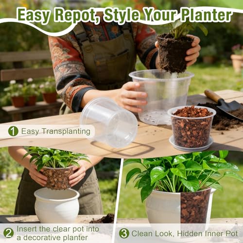 FUOAUYK 12/10/8/6/4 Inch Clear Nursery Pots with Drainage and Saucers, 20 Pack Large Clear Plastic Nursery Pots for Plants, Seedling Plant Pots for Repotting and Growing Plants, Flowers & Vegetables - Image 5