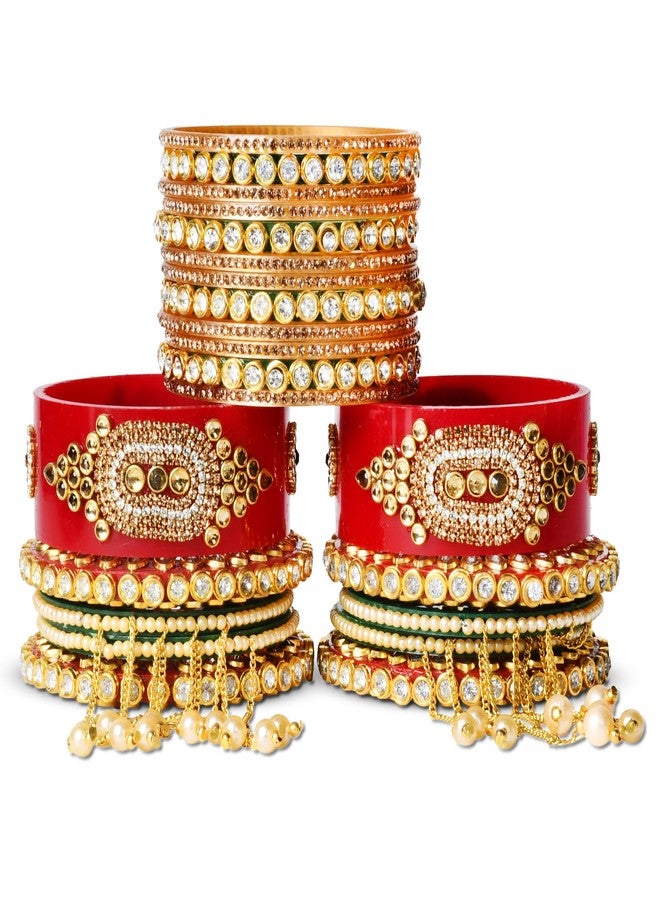 Emery Red Bridal Chuda Bangles Set - 22 Bangles with Pearl Latkan, Kada, and Unique Style Options - Kundan Zari Handwork, Ideal for Weddings, Engagements, and Festivals - Plastic Base, (Gold Ring, 2.8) - Image 4