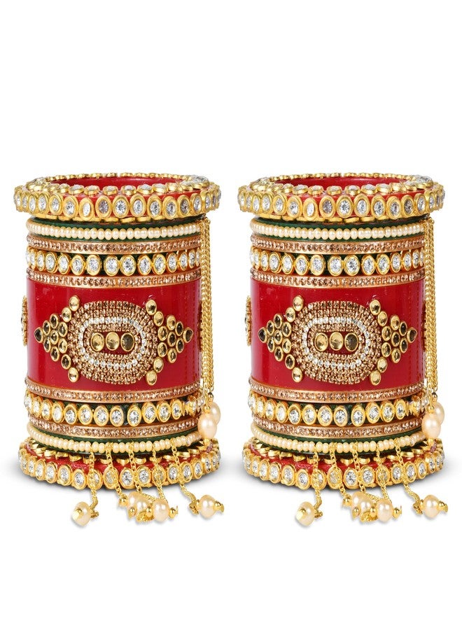 Emery Red Bridal Chuda Bangles Set - 22 Bangles with Pearl Latkan, Kada, and Unique Style Options - Kundan Zari Handwork, Ideal for Weddings, Engagements, and Festivals - Plastic Base, (Gold Ring, 2.8) - Image 2
