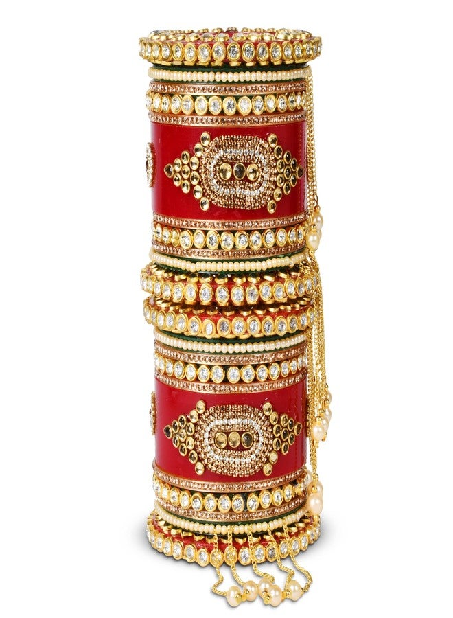Emery Red Bridal Chuda Bangles Set - 22 Bangles with Pearl Latkan, Kada, and Unique Style Options - Kundan Zari Handwork, Ideal for Weddings, Engagements, and Festivals - Plastic Base, (Gold Ring, 2.8) - Image 1