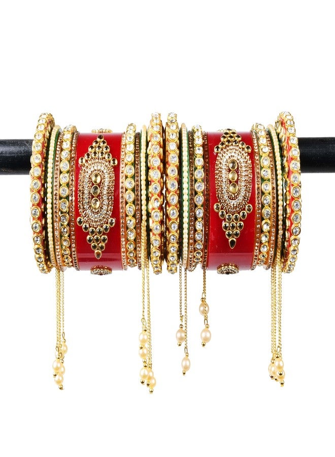 Emery Red Bridal Chuda Bangles Set - 22 Bangles with Pearl Latkan, Kada, and Unique Style Options - Kundan Zari Handwork, Ideal for Weddings, Engagements, and Festivals - Plastic Base, (Gold Ring, 2.8) - Image 3