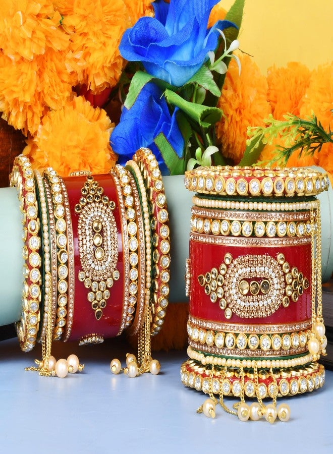 Emery Red Bridal Chuda Bangles Set - 22 Bangles with Pearl Latkan, Kada, and Unique Style Options - Kundan Zari Handwork, Ideal for Weddings, Engagements, and Festivals - Plastic Base, (Gold Ring, 2.8) - Image 5
