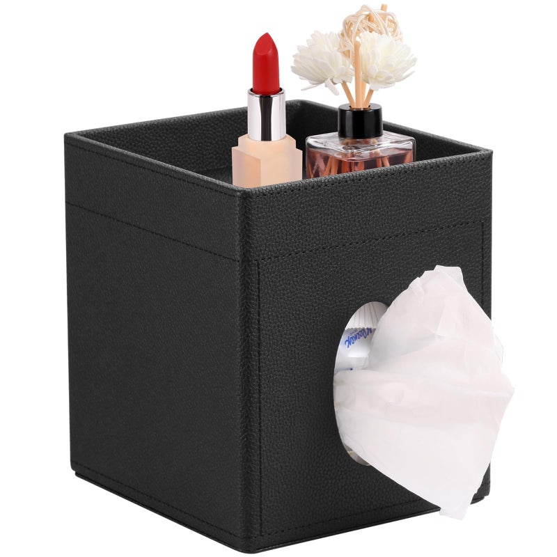 LAMOTI Leather Tissue Box Cover with Storage Tray, Square Facial Tissue Box Holder for Bathroom, Office Table, Countertop, Night Stand & More (Black) - Image 1