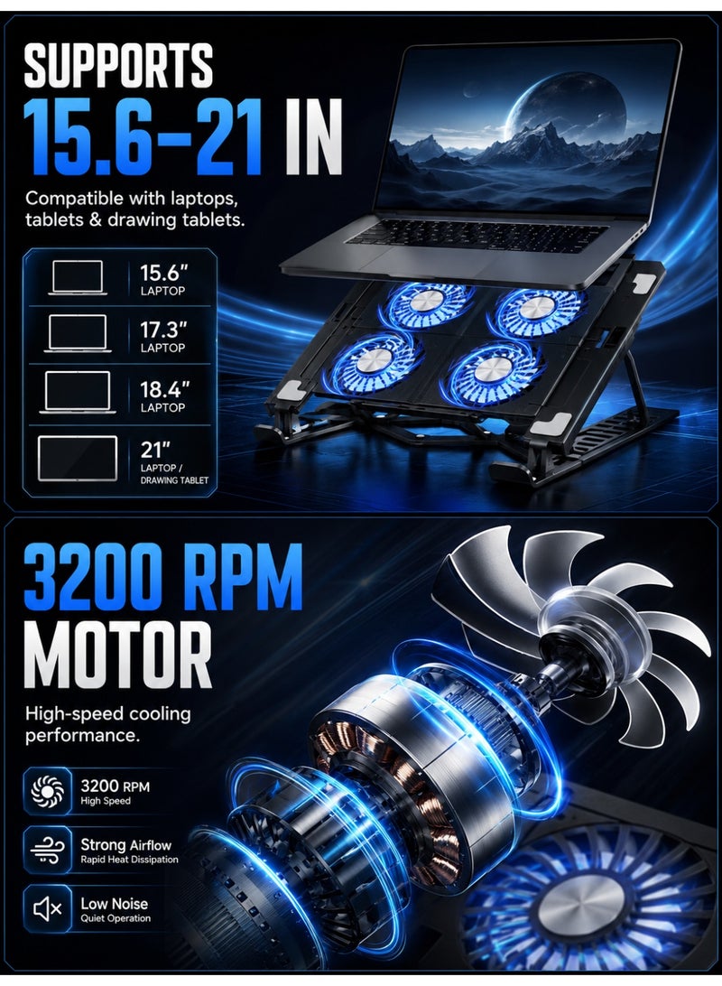 YXPRO Laptop Cooling Pad, Foldable Portable Gaming Notebook Cooler Stand with 4 Quiet Fans, 10-Level Adjustable Height, RGB Light and Stable Support for 15.6–21 Inch Laptops, Tablets & Drawing Boards - Image 3