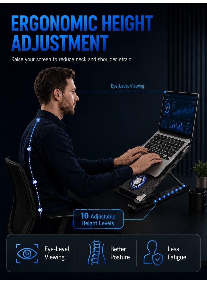 YXPRO Laptop Cooling Pad, Foldable Portable Gaming Notebook Cooler Stand with 4 Quiet Fans, 10-Level Adjustable Height, RGB Light and Stable Support for 15.6–21 Inch Laptops, Tablets & Drawing Boards - Image 2