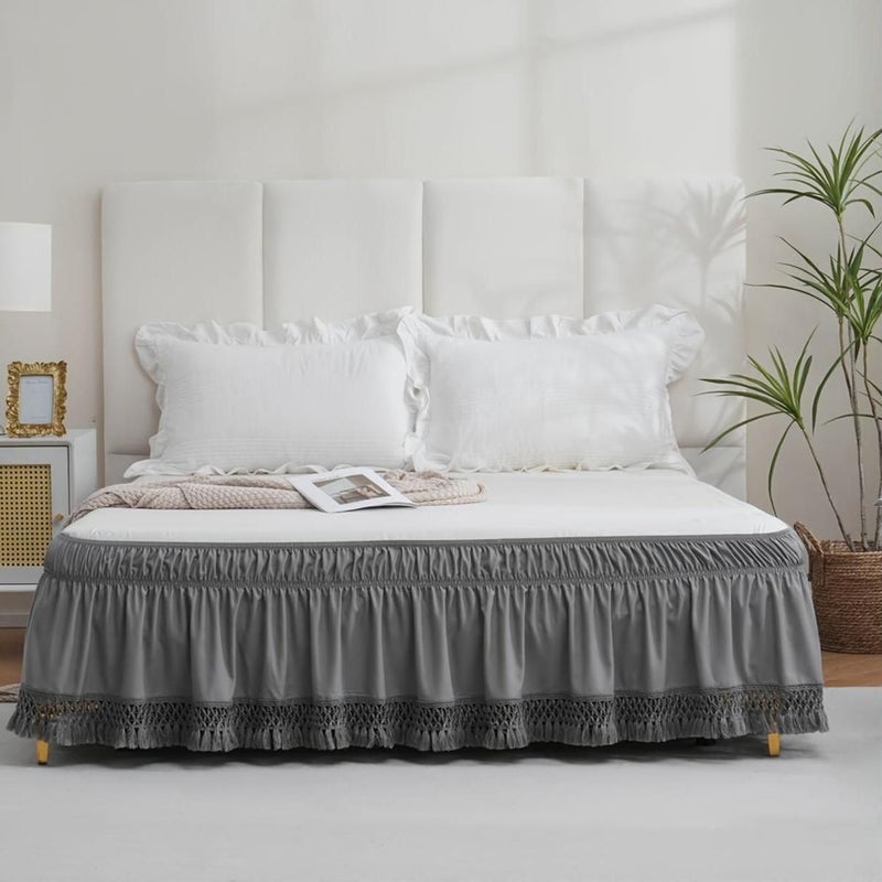Grey Lace Elastic Bed Skirt Full Size Soft Fringe Bed Cover For Bedroom - Image 2