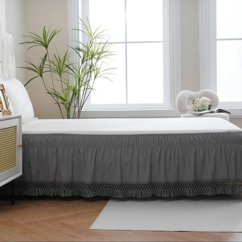 Grey Lace Elastic Bed Skirt Full Size Soft Fringe Bed Cover For Bedroom - Image 4
